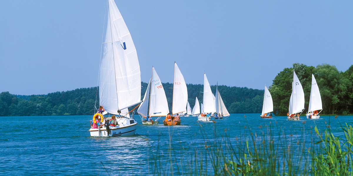Zdjęcie przedstawia pływające na jeziorze białe łodzie z załogami letnią porą.