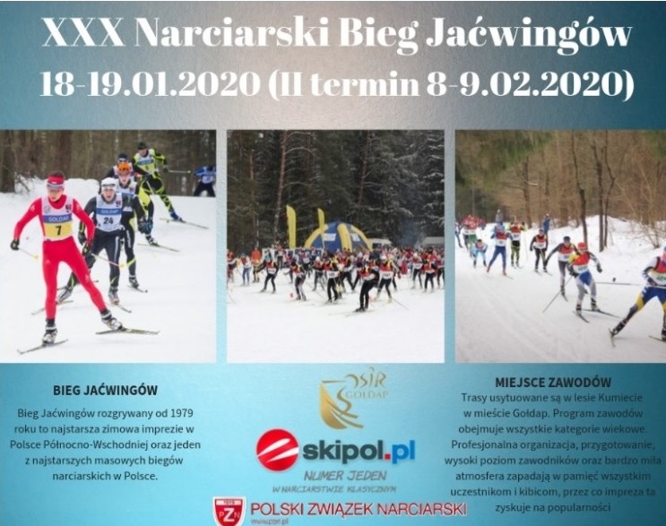 Plakat - zdjęcie pokazujące rywalizację biegaczy narciarskich w zawodach Bieg Jaćwingów - Gołdap.  Na plakacie są trzy zdjęcia. 