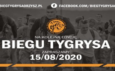 Na zdjęciu widać biegnących uczestników Biegu Tygrysa oraz datę biegu, domenę strony internetowej imprezy i domenę Facebooka.