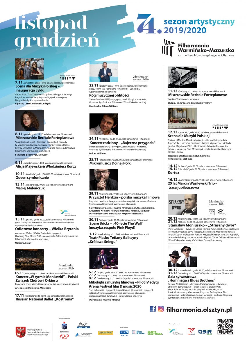 Plakat informujący o planowym repertuarze Filharmonii Warmińskiej w Olsztynie w miesiącu listopadzie i grudniu 2019 roku. 
