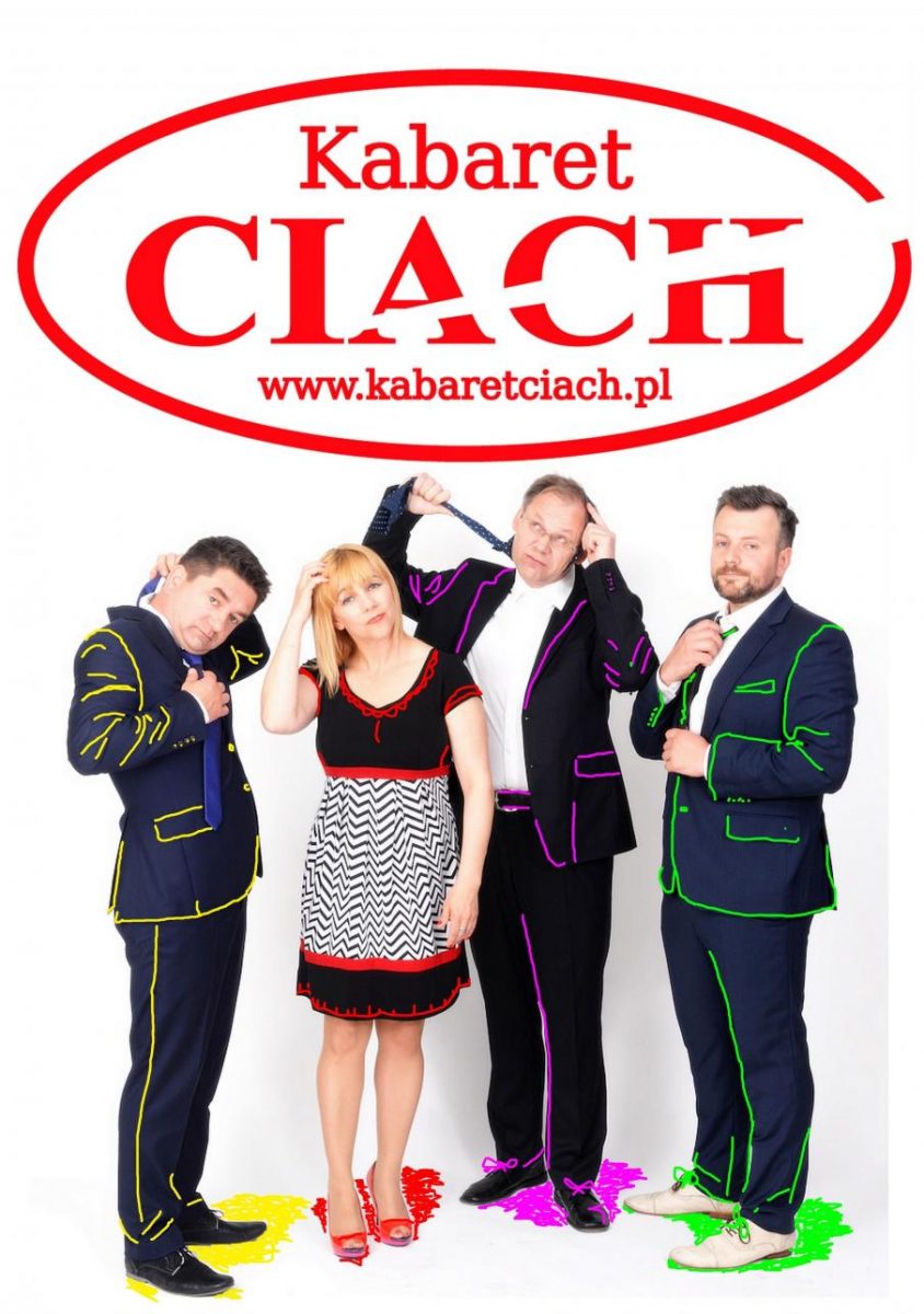 Zdjęcie - plakat zapraszający na występy Kabaretu Ciach. Na plakacie zdjęcia czterech członków Kabaretu w satyrycznych pozach. 