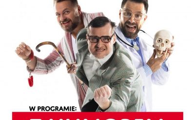 Zdjęcie - plakat zapraszający na występy Kabaretu Paranienormalni. Na plakacie trzech członków Kabaretu w pozach satyrycznych.