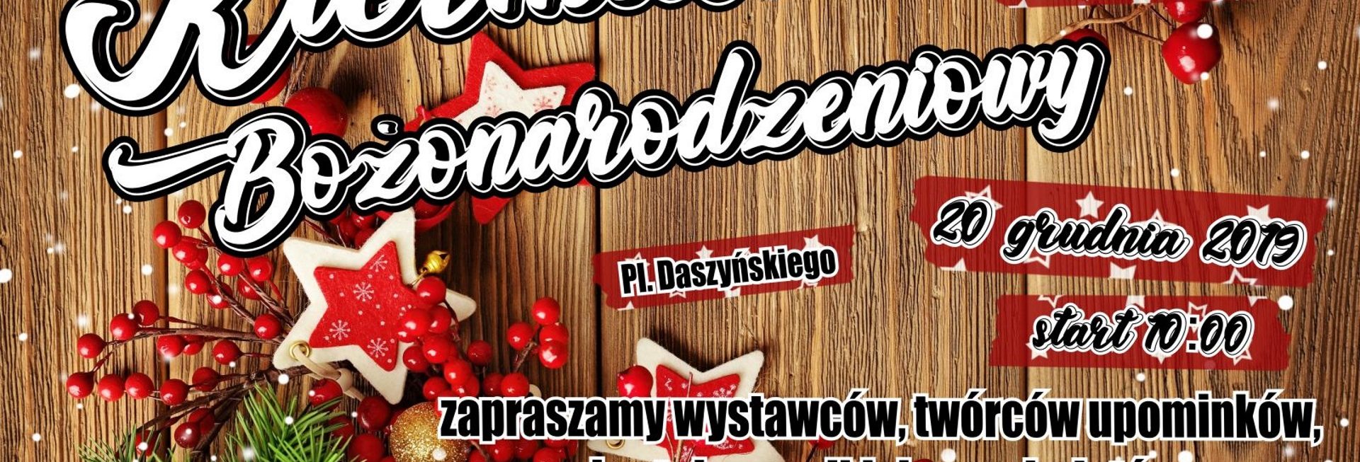 Zdjęcie - plakat graficzny zapraszający na Kiermasz Bożonarodzeniowy w Piszu. Plakat graficzny z informacjami i programem imprezy.  