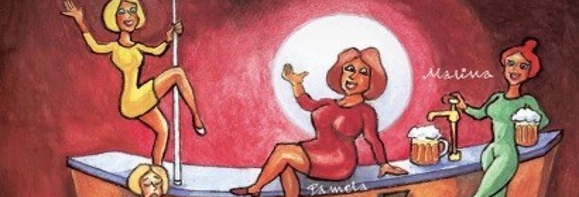 Plakat graficzny - zapraszający na spektakl teatralny Klimaterium 2 czyli menopałzy szał. Na plakacie graficzne postacie oraz wyszczególniona obsada komedii. 