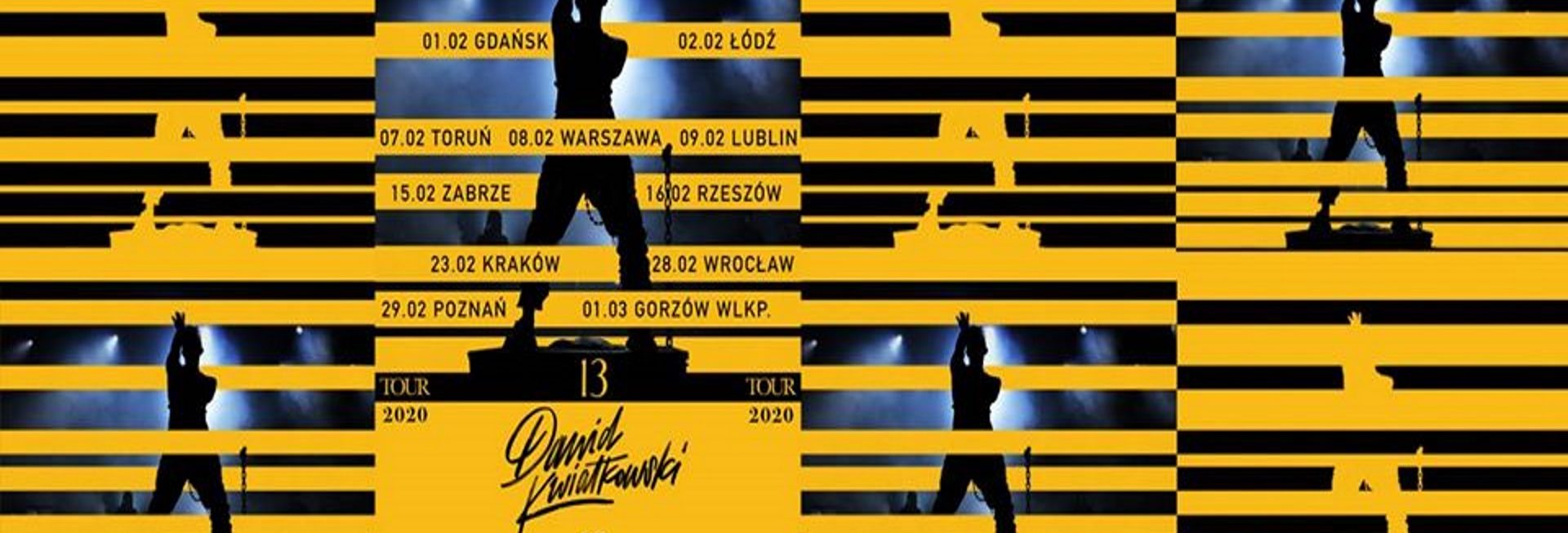 Zdjęcie - plakat informujący o terminach koncertów artysty. Na plakacie graficzna postać piosenkarza, tło plakatu żółte, na przemian zmieniające się w czarne. Plakat podzielony w żółto czarne paski.           