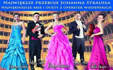 Zdjęcie - Plakat na którym jest widocznych 5 osób, trzy kobiety i dwóch muzyków, ubranych w strojach galowych, zapraszających na koncert w Olsztynie.