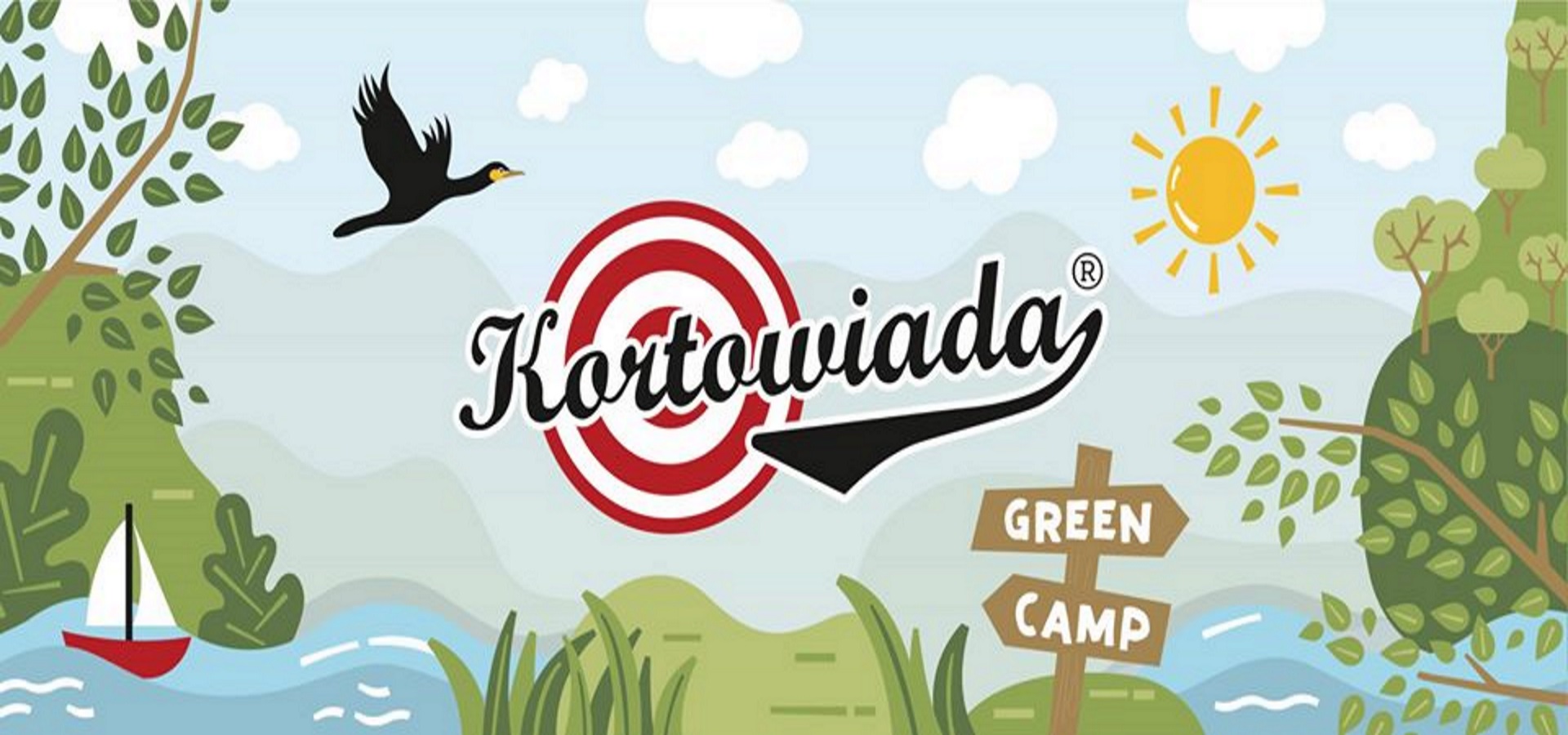 Plakat - zdjęcie zapraszające na Festiwal Studencki Kortowiada 2020. Plakat graficzny, który przedstawia elementy jeziora, zielonej wyspy i roślinności a na tym tle widać słońce, lecącego ptaka oraz małą łódkę. Po środku napis Kortowiada.