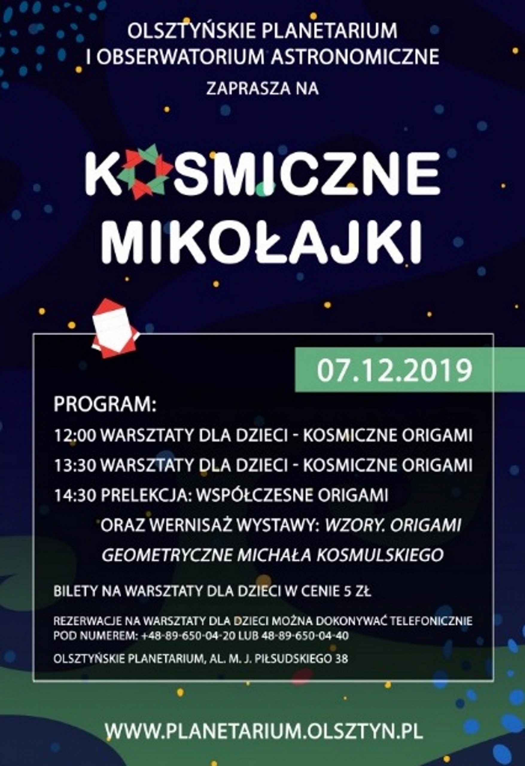 Plakat zapraszający na spotkanie do Olsztyńskiego Planetarium na Kosmiczne Mikołajki. Na plakacie przedstawiony program imprezy.  
