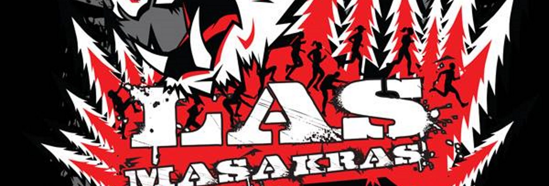 Plakat graficzny reklamujący imprezę III Bieg Las Masakras w Olsztynie 2020. Grafika przedstawia las w kolorze czerwonym, biegnących ludzi na tle lasu oraz napisy reklamujące imprezę.      