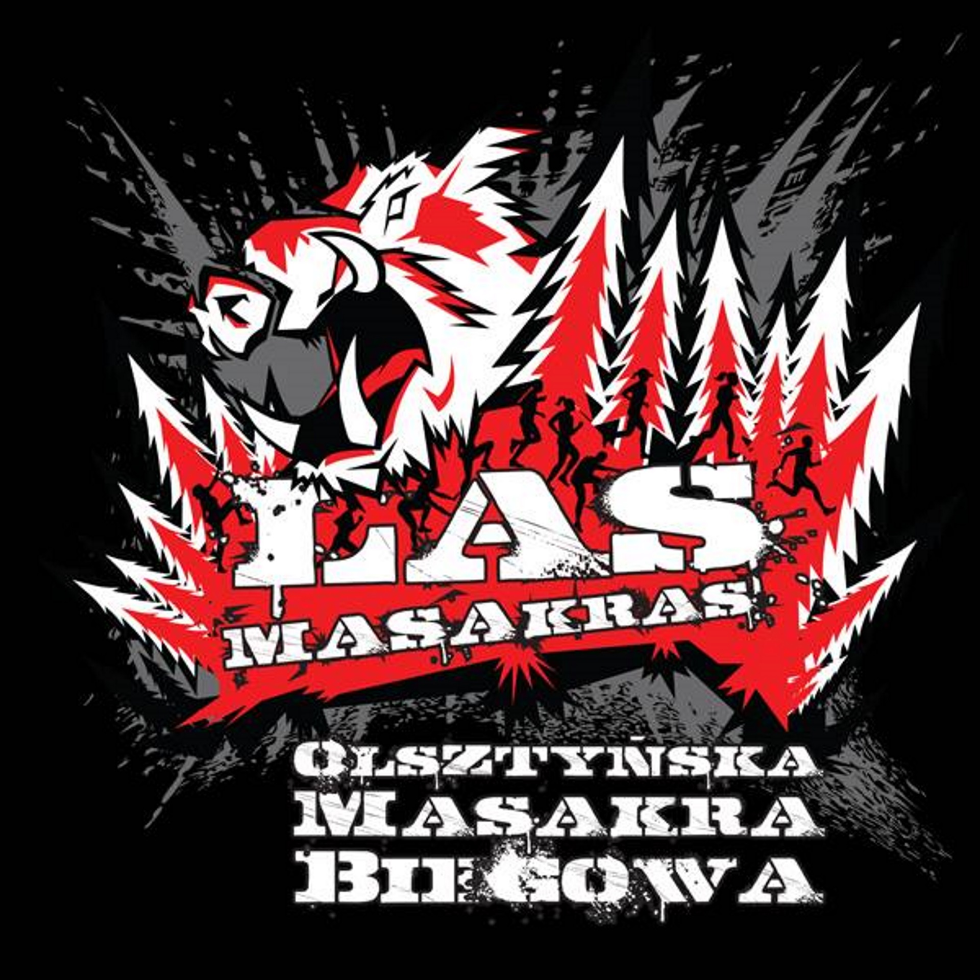 Plakat graficzny reklamujący imprezę III Bieg Las Masakras w Olsztynie 2020. Grafika przedstawia las w kolorze czerwonym, biegnących ludzi na tle lasu oraz napisy reklamujące imprezę.      