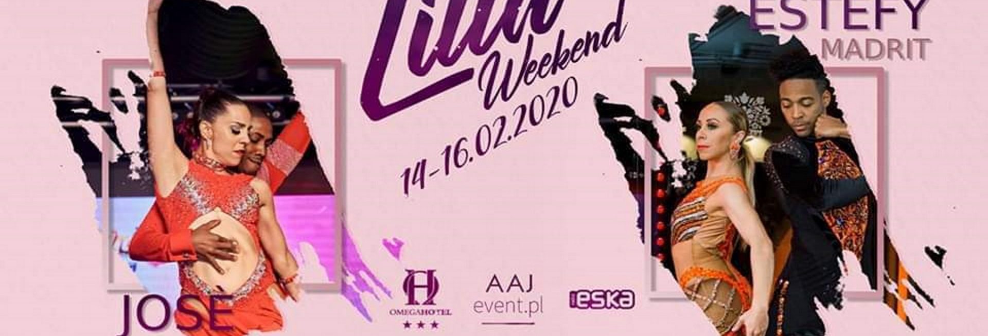 Zdjęcie - plakat zapraszający na Lilla Weekend spotkania tanecznego w Olsztynie. Na plakacie dwa zdjęcia tańczących par oraz loga sponsorów wydarzenia.   