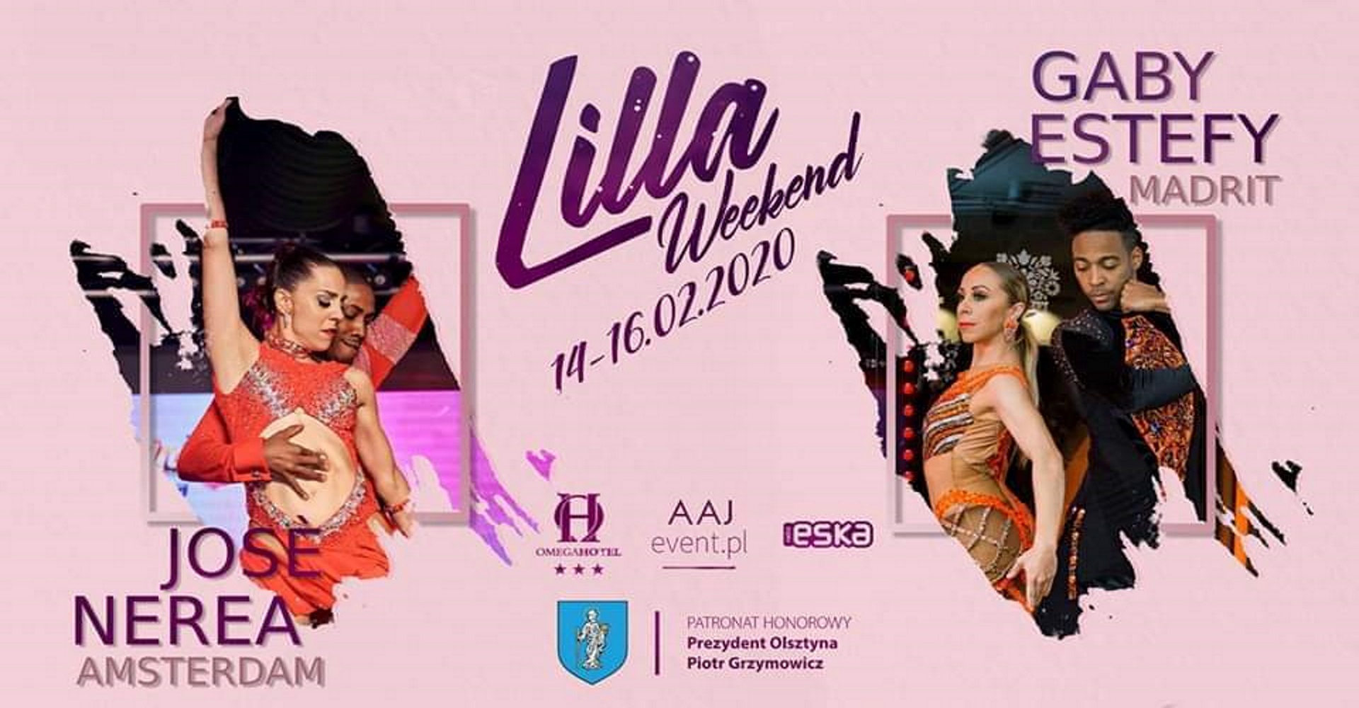 Zdjęcie - plakat zapraszający na Lilla Weekend spotkania tanecznego w Olsztynie. Na plakacie dwa zdjęcia tańczących par oraz loga sponsorów wydarzenia.   