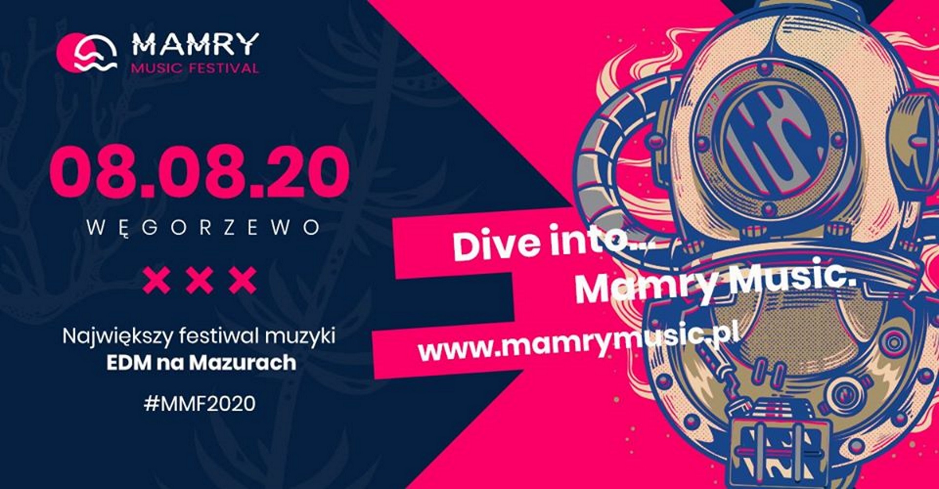 Zdjęcie do plakat zapraszający na imprezę Mamry Music Festiwal 2020. Na plakacie jest dodana informacja kiedy się rozpoczyna koncert, strona internetowa festiwalu oraz grafika z prawej strony plakatu przedstawiająca strój nurka.     