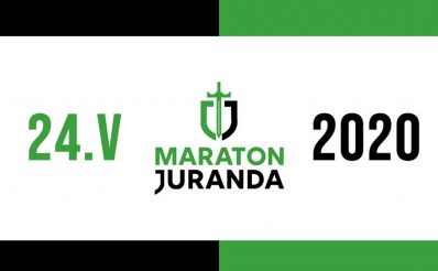 Plakat zapraszający do Szczytna na 31 edycję Maratonu Juranda. Plakat graficzny z logiem Maratonu i datą rozpoczęcia imprezy.