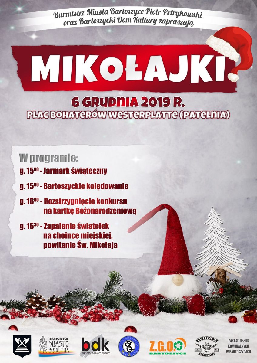 Plakat graficzny zapraszający na Mikołajkowy Jarmark Świąteczny w Bartoszycach. Plakat graficzny z opisem imprezy.  