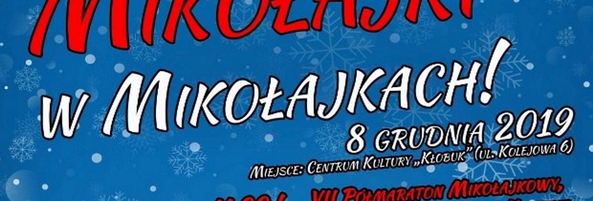 Plakat graficzny zapraszający na Mikołajki 2019 do Mikołajek. Plakat z napisami i programem imprezy.  