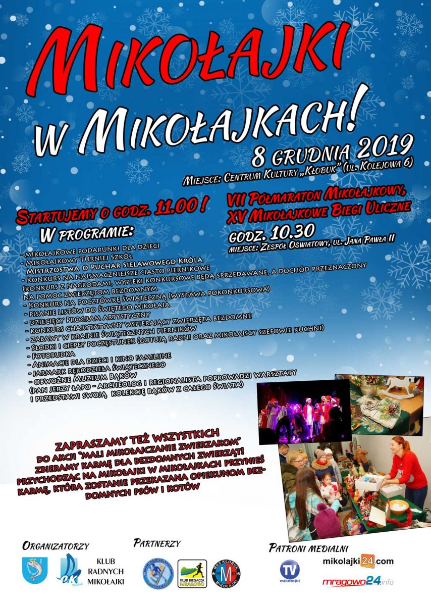 Plakat graficzny zapraszający na Mikołajki 2019 do Mikołajek. Plakat z napisami i programem imprezy.  