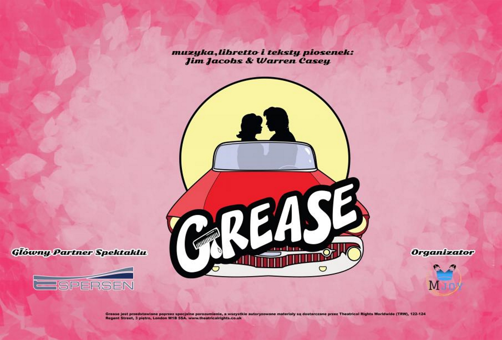 Zdjęcie - plakat zapraszający na przedstawienie Musical Grease w Olecko. Plakat posiada różowe tło na którym widoczna jest w formie graficznej para w samochodzie. 