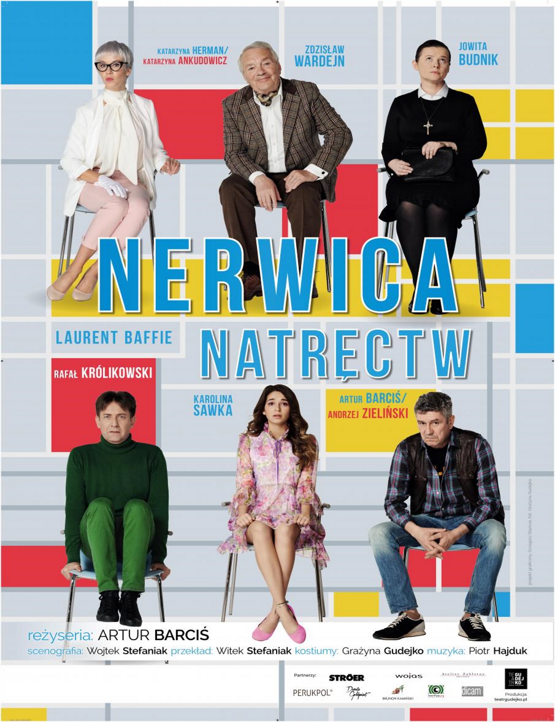 Zdjęcie - plakat zapraszający na komedię teatralną "Nerwica Natręctw". Na plakacie zdjęcia siedzących sześciu aktorów występujących w komedii.  