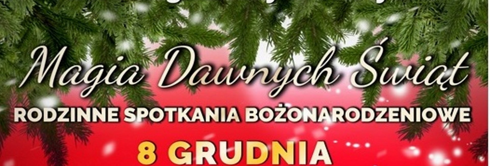 Plakat graficzny zapraszający na Rodzinne Spotkania Bożonarodzeniowe do Skansenu w Olsztynku. Na plakacie program imprezy. Grafika świąteczna, czerwone tło plakatu z elementami choinki i śniegu. 
