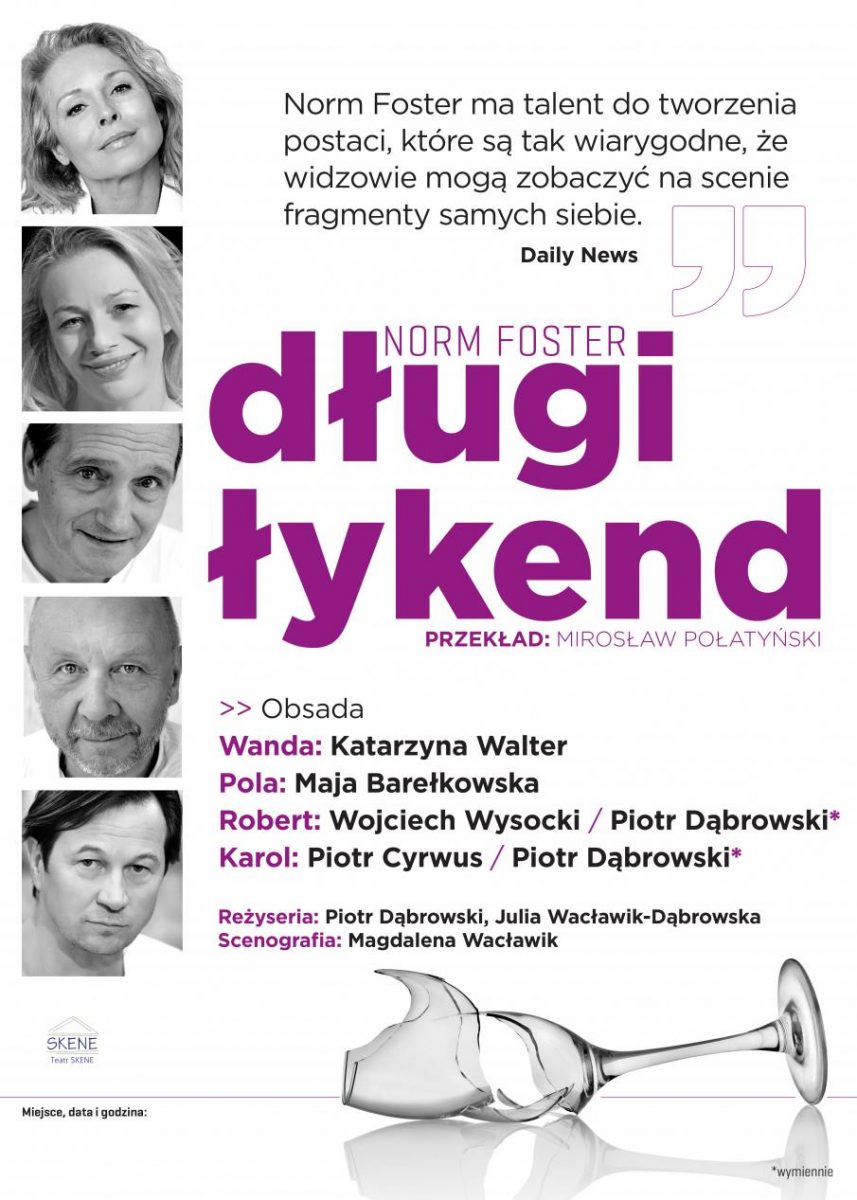 Zdjęcie - plakat informujący o obsadzie spektaklu Długi Łykend, scenografii i reżyserii. Po prawej stronie plakatu zdjęcia pięciu aktorów występujących na scenie teatralnej.   