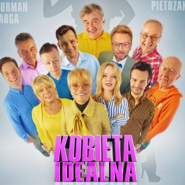 Zdjęcie - plakat na którym widoczni są wszyscy aktorzy występujący w spektaklu teatralnym, Kobieta Idealna w Ostródzie.