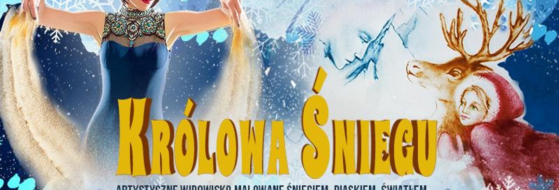 Zdjęcie - plakat zapraszający na występ teatralny Królowa Śniegu. Plakat graficzny w scenerii śnieżnej z pustacią Królewnej Śnieżki.  
