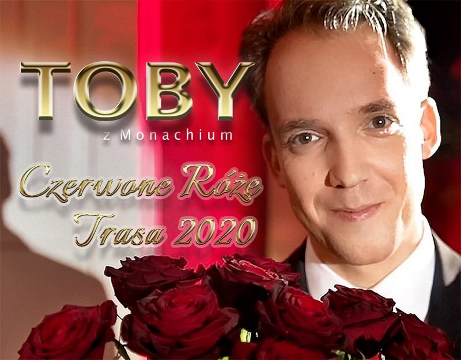 Zdjęcie - plakat na którym jest widoczny artysta - piosenkarza Tobi, trzymający bukiet czerwonych róż.    