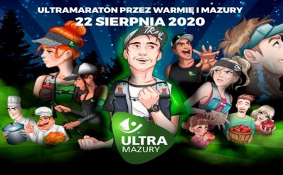 Zdjęcie przedstawia animowane postacie zapraszające do uczestnictwa w Ultra Maratonie w Starych Jabłonkach. Na zdjęciu widoczny jest biegacz i biegaczka z plecakami, kucharze którzy informują, że dla uczestników będą dodatkowe posiłki oraz rodzina z koszek świeżych jabłek.