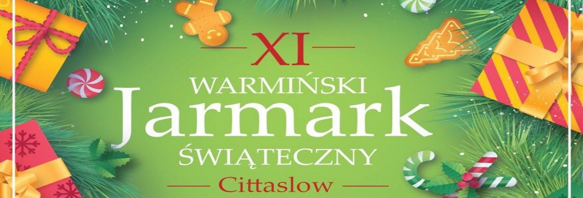 Plakat zapraszający na Warmiński Jarmark Biskupiec 2019. Zdjęcie-plakat posiada tło zielone z dodatkowymi motywami rysunkowymi prezentów. Na plakacie informacja kiedy rozpoczyna się impreza. 