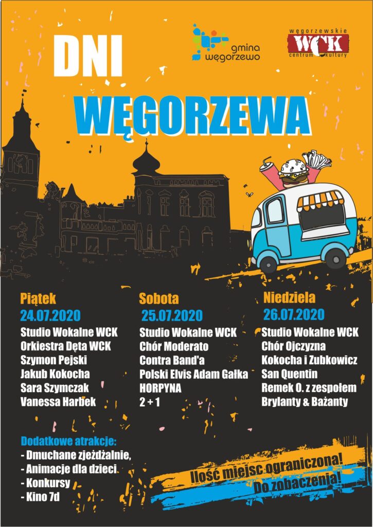 Plakat graficzny informujący o terminarzu i programie Dni Węgorzewa 2020. Na plakacie grafika autobusu, tło plakatu pomarańczowe z ciemnymi konturami miasta.     
