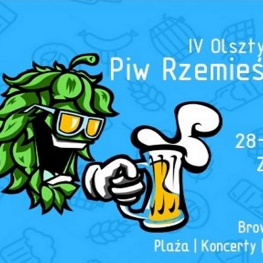 Zdjęcie, plakat zapraszający do Olsztyna na 4. edycję Olsztyńskiego Festiwalu Piw Rzemieślniczych Olsztyn 2020. Na plakacie graficznym napisy kiedy i gdzie rozpoczyna się festiwal oraz postać w kształcie ziarnka chmielu, która trzyma kufel piwa.
