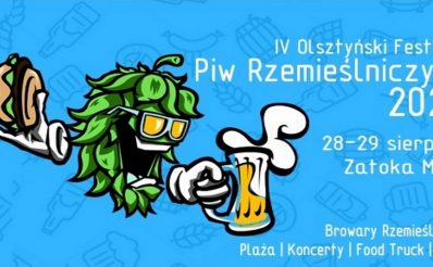 Zdjęcie, plakat zapraszający do Olsztyna na 4. edycję Olsztyńskiego Festiwalu Piw Rzemieślniczych Olsztyn 2020. Na plakacie graficznym napisy kiedy i gdzie rozpoczyna się festiwal oraz postać w kształcie ziarnka chmielu, która trzyma kufel piwa.