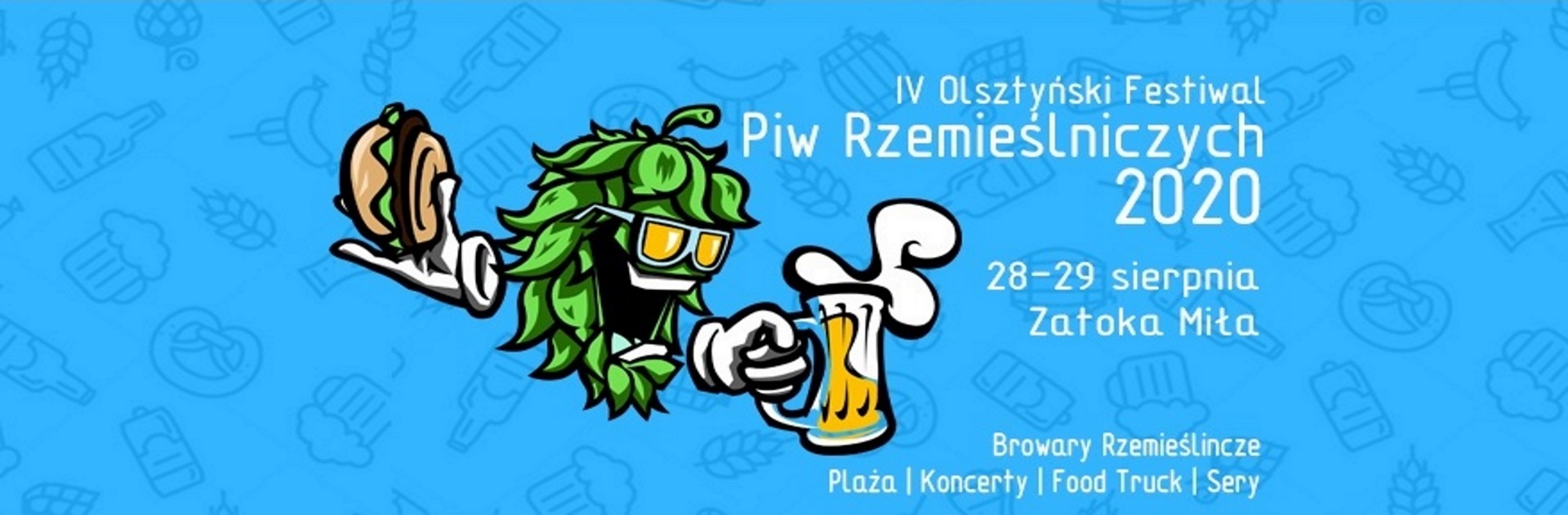 Zdjęcie, plakat zapraszający do Olsztyna na 4. edycję Olsztyńskiego Festiwalu Piw Rzemieślniczych Olsztyn 2020. Na plakacie graficznym napisy kiedy i gdzie rozpoczyna się festiwal oraz postać w kształcie ziarnka chmielu, która trzyma kufel piwa.