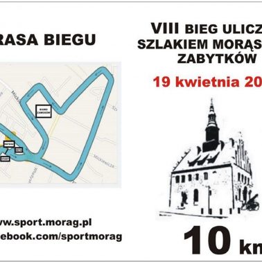 Zdjęcie, plakat zapraszający na 19 kwietnia 2020 roku do Morąga na 8 edycję Biegu Szlakiem Morąskich Zabytków. Plakat przedstawia graficzny zarys trasy biegu, napisy zapraszające na bieg oraz graficzny rysunek Ratusza w Morągu.