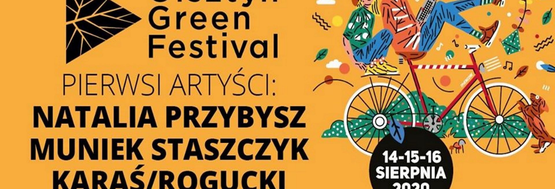 Plakat zapraszający w dniach 14-16 sierpnia do Olsztyna na 7. edycję Olsztyńskiego Green Festivalu 2020. Tło plakatu pomarańczowe z napisami informującymi kiedy zaczyna się festival oraz kto zagra na scenie. Dodatkowa grafika pary jadącej na rowerze.