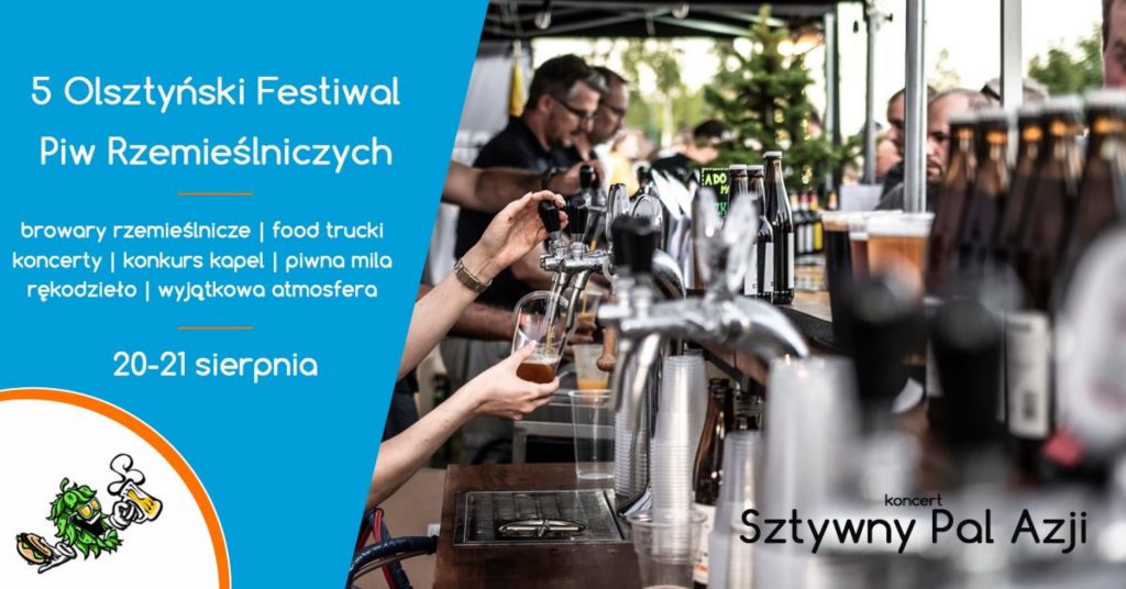 Plakat zapraszający do Olsztyna na Olsztyński Festiwal Piw Rzemieślniczych - Olsztyn 2021. Plakat w jednej części ma napisy a w drugiej zdjęcie pokazujące pracujących barmanów za barem.  