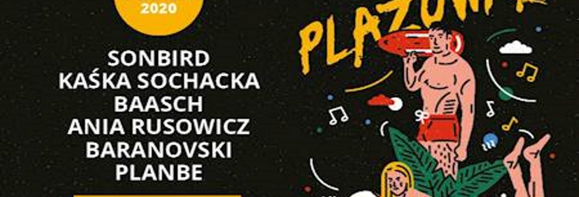 Plakat graficzny zapraszający w dniach 14-15 sierpnia 2020 r. do Olsztyna na Olsztyński Green Festival "Plażówka" 2020. Na plakacie wypisani wykonawcy występujący na festivalu oraz graficzne postacie kobiety i mężczyzny, wypoczywających na plaży. Plakat posiada czarne tło.  