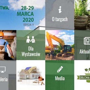 Plakat graficzny zapraszający do Ostródy na piątą odsłonę Targów Budownictwa Wyposażenia Wnętrz i Ogrodów Expo Mazury Ostróda 2020. Plakat przedstawiający 15 mniejszych zdjęć - miniatur, ułożonych w kwadraty. Sześć zdjęć przedstawiają tematykę budownictwa. Jedenaście zdjęć to grafiki o tematyce budownictwa.