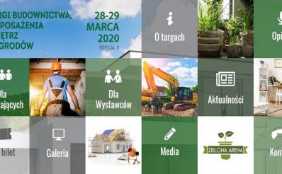 Plakat graficzny zapraszający do Ostródy na piątą odsłonę Targów Budownictwa Wyposażenia Wnętrz i Ogrodów Expo Mazury Ostróda 2020. Plakat przedstawiający 15 mniejszych zdjęć - miniatur, ułożonych w kwadraty. Sześć zdjęć przedstawiają tematykę budownictwa. Jedenaście zdjęć to grafiki o tematyce budownictwa.