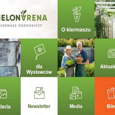 Plakat graficzny zapraszający do Ostródy na trzynastą odsłonę kiermaszu ogrodniczego Zielona Arena! Zdjęcie - plakat przedstawiający 15 mniejszych zdjęć - miniatur, ułożonych w kwadraty. Cztery zdjęcia przedstawiają tematykę ogrodniczą. Jedenaście zdjęć to grafiki o tematyce ogrodnictwa.