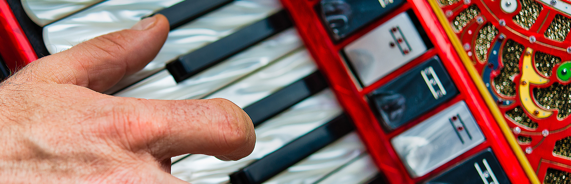Akordeon bogato zdobiony na którym gra artysta, trzymając rękę na klawiaturze instrumentu.  