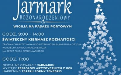 Plakat zapraszający do Giżycka na kolejną edycję Jarmarku Bożonarodzeniowego Giżycko 2020. Na plakacie informacja o jarmarku godzina i program imprezy.