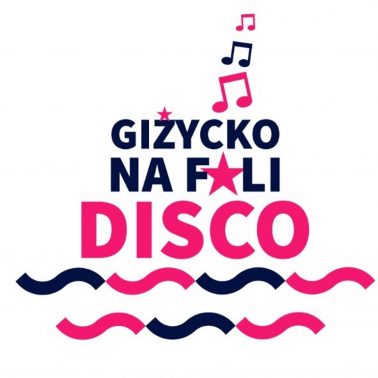 Plakat graficzny zapraszający do Giżycka na 4. edycję Koncertu Giżycko Na Fali Disco 2020. Na plakacie kolorowe napisy "Giżycko Na Fali disco".