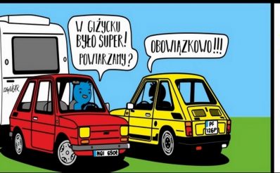 Zdjęcie, plakat zapraszający do Giżycka na kolejna edycję Mazurskich Spotkań Fiatów 126p Giżycko 2020. Na plakacie dwa małe fiaty w formie graficznej.