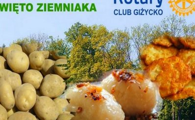 Zdjęcie, plakat zapraszający do Giżycka na 4. edycję Festynu Święta Ziemniaka w Giżycku 2020. Na plakacie widoczne jest zdjęcie ziemniaków, placków ziemniaczanych oraz pyz.