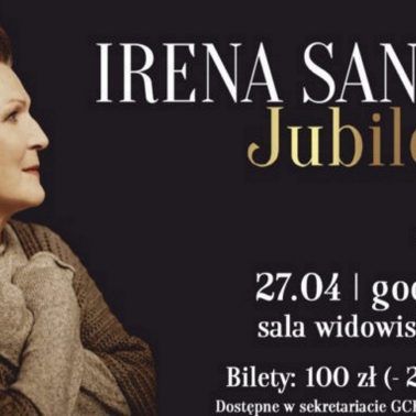 Plakat zapraszający do Giżycka na Koncert Jubileuszowy Ireny Santor - Giżycko 2020. Na plakacie zdjęcie piosenkarki Ireny Santor oraz informacja kiedy i gdzie odbędzie się koncert.