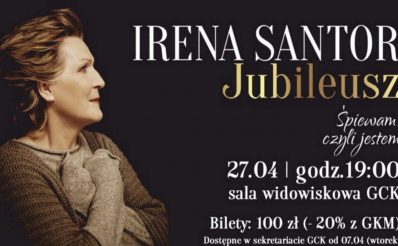 Plakat zapraszający do Giżycka na Koncert Jubileuszowy Ireny Santor - Giżycko 2020. Na plakacie zdjęcie piosenkarki Ireny Santor oraz informacja kiedy i gdzie odbędzie się koncert.
