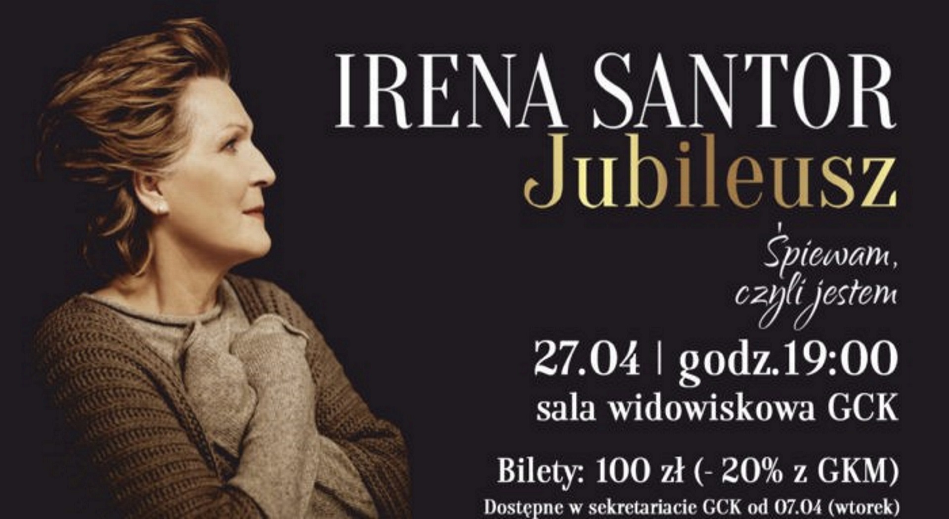 Plakat zapraszający do Giżycka na Koncert Jubileuszowy Ireny Santor - Giżycko 2020. Na plakacie zdjęcie piosenkarki Ireny Santor oraz informacja kiedy i gdzie odbędzie się koncert. 