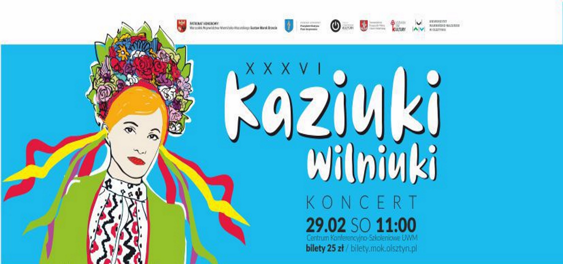 Plakat zapraszający do Olsztyna na 36. edycję Kaziuki Wilniuki Olsztyn 2020. Na plakacie informacja kiedy i o której rozpocznie się koncert.  Na plakacie postać graficzna tancerki.   